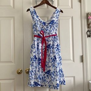 Blue & white  Bea & Dot dress from ModCloth, with a bright pink fabric belt.